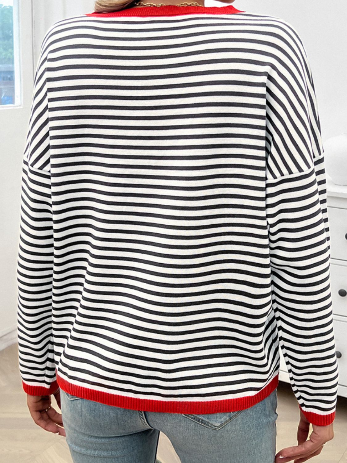 Striped Round Neck Dropped Shoulder Sweater