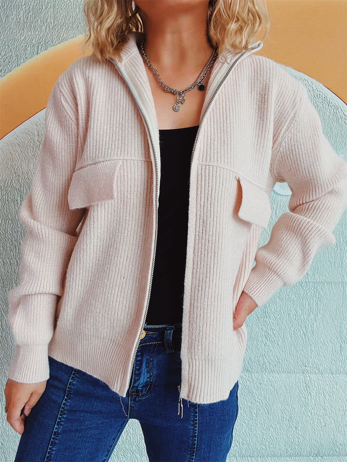 Zip Up Collared Neck Long Sleeve Cardigan