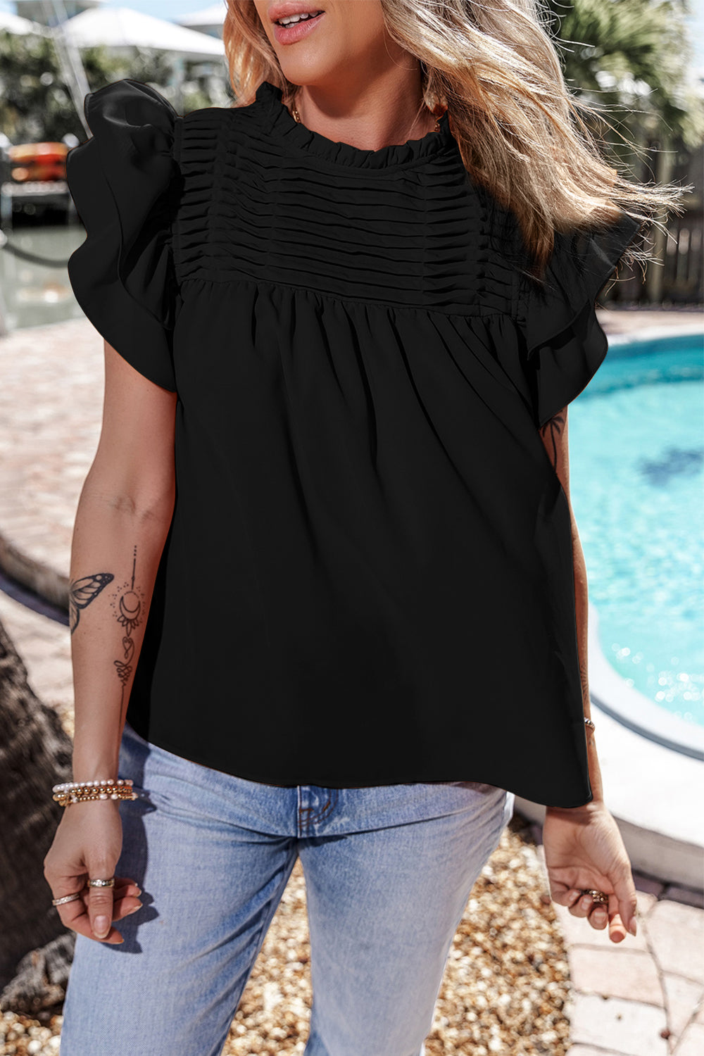 Ruffled Ruched Cap Sleeve Blouse