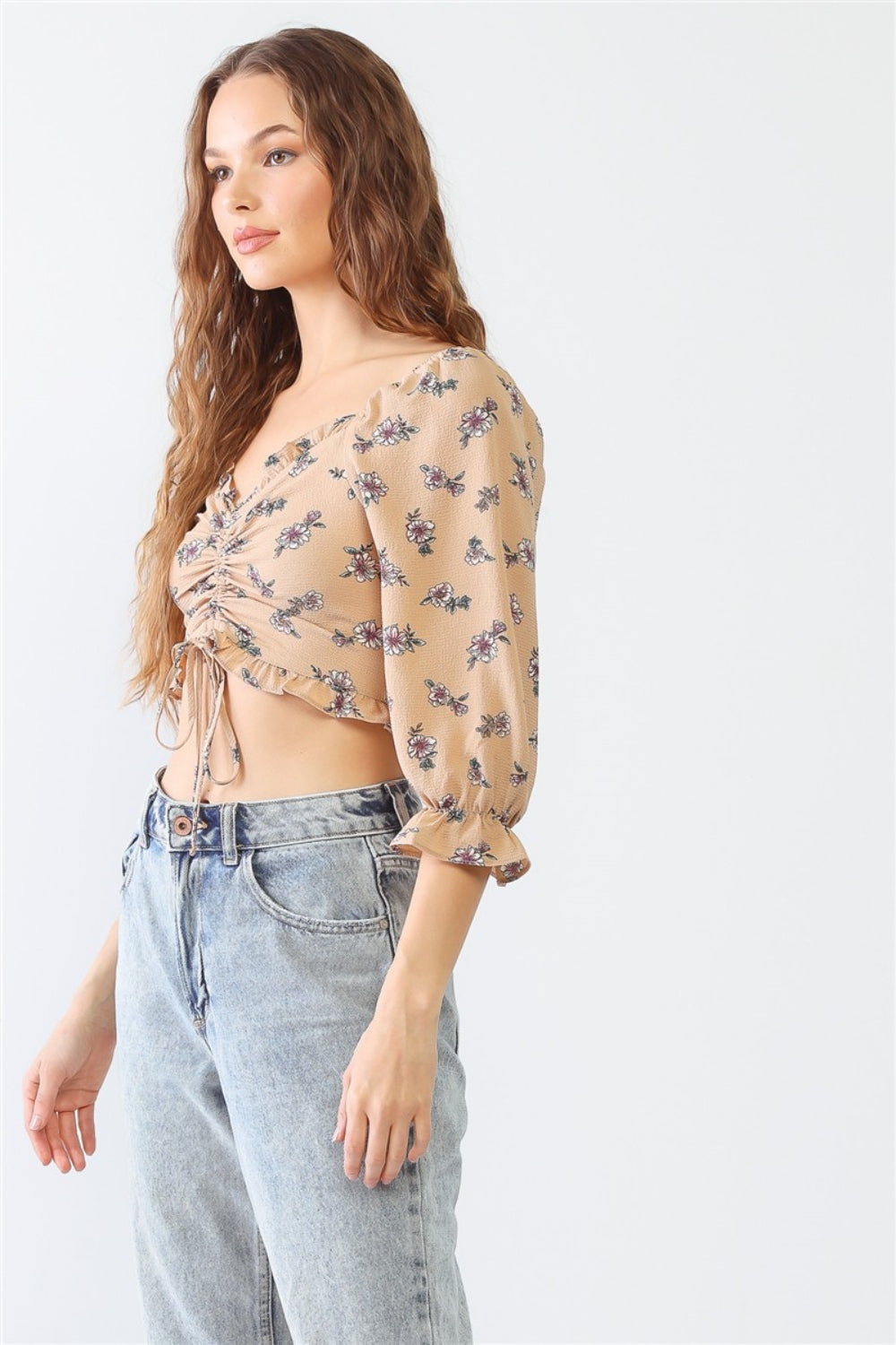 Tasha Apparel Floral Ruffle Smocked Back Ruched Crop Top