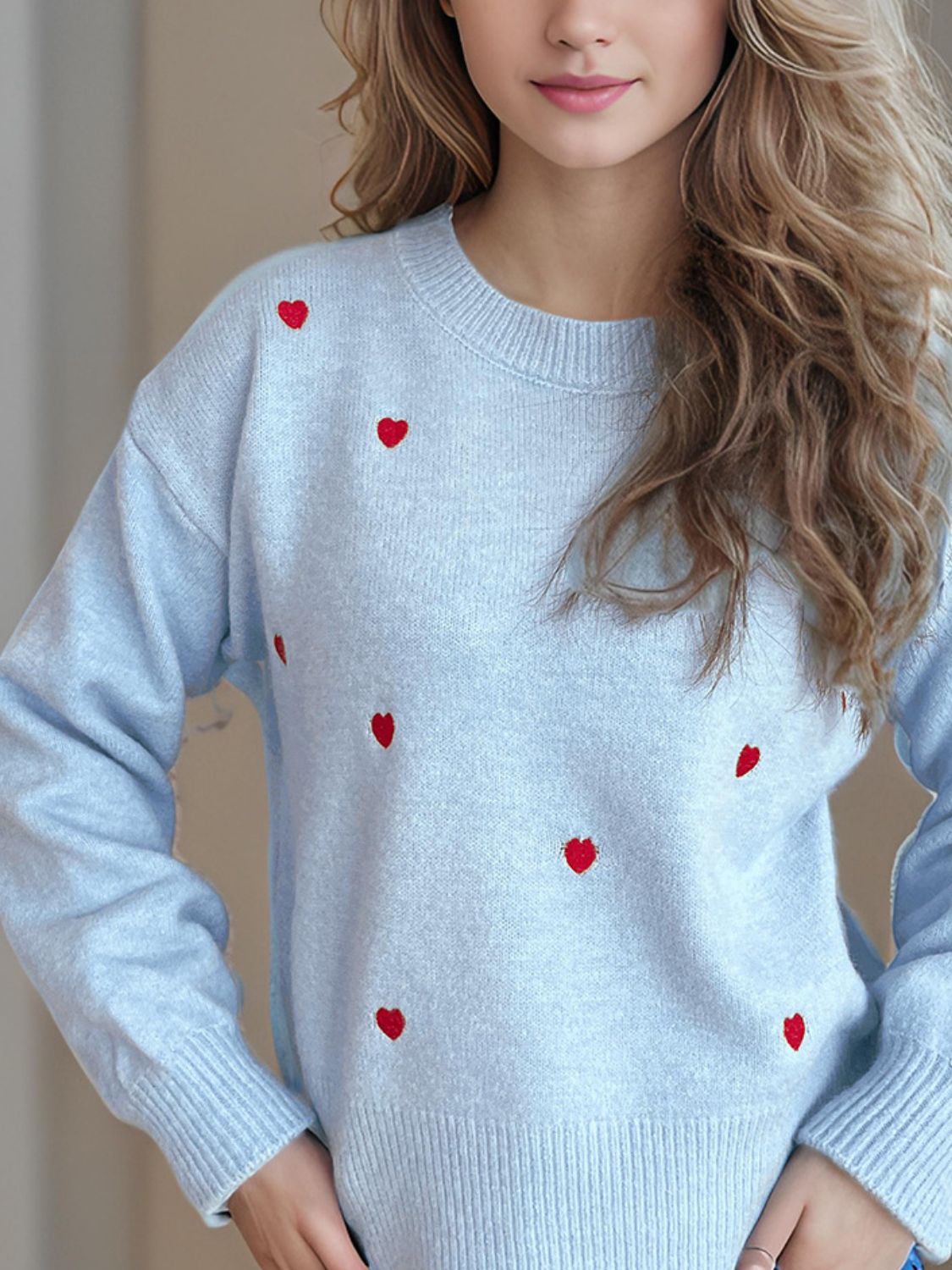 Heart Round Neck Long Sleeve Sweater