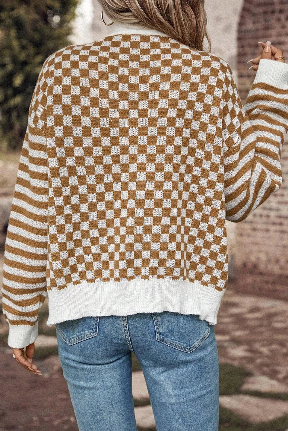 Checkered V-Neck Long Sleeve Cardigan