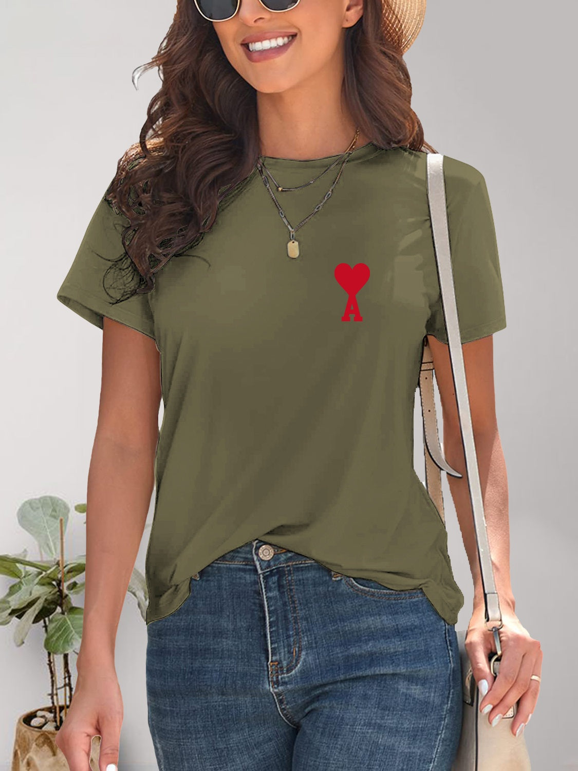 Heart Round Neck Short Sleeve T-Shirt