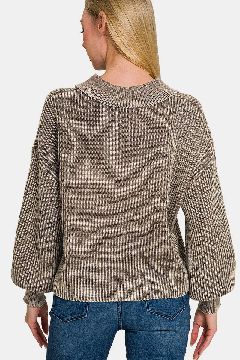 Zenana Washed Half Button Long Sleeve Sweater