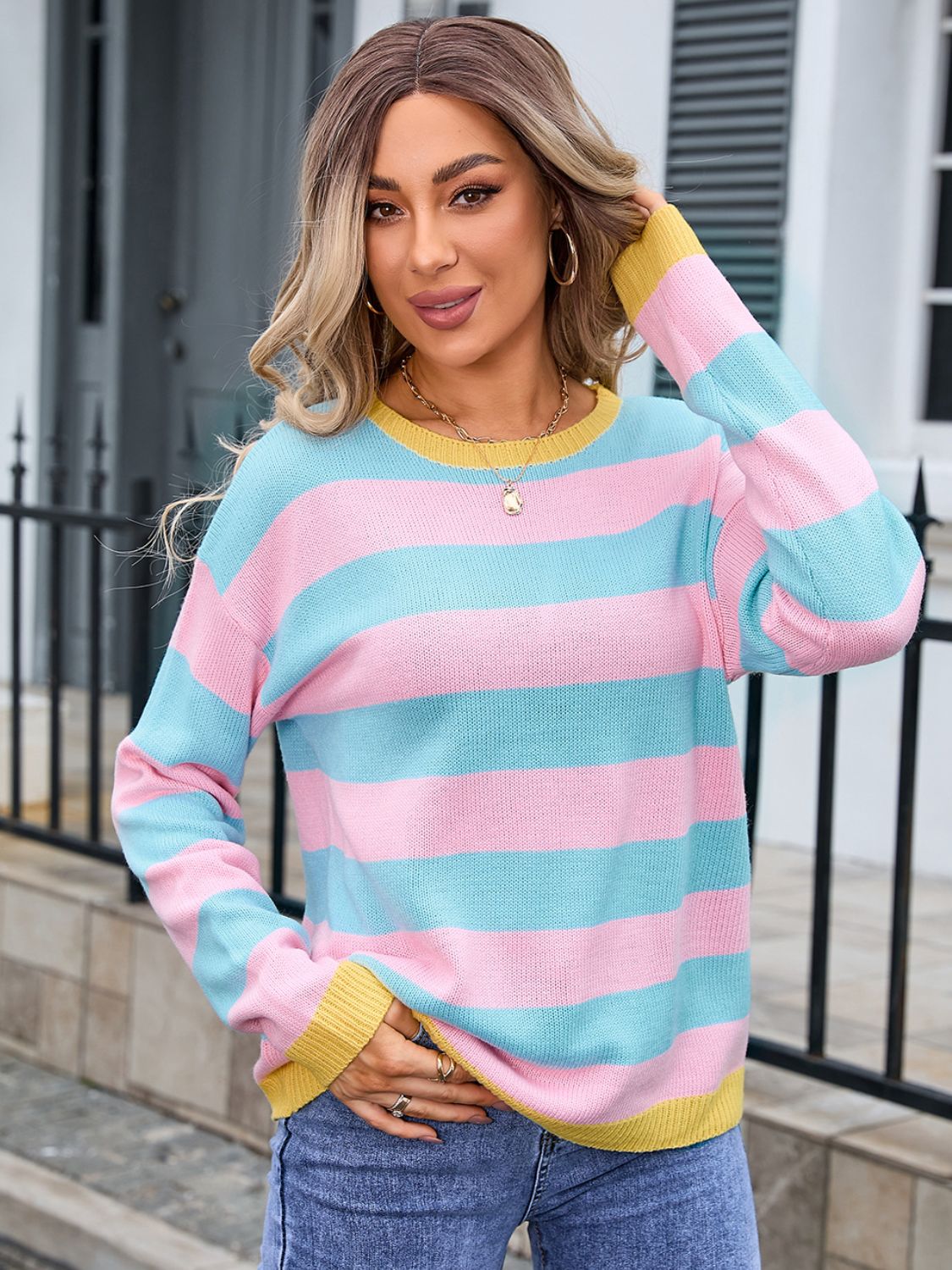 Angel Wings Striped Round Neck Dropped Shoulder Sweater