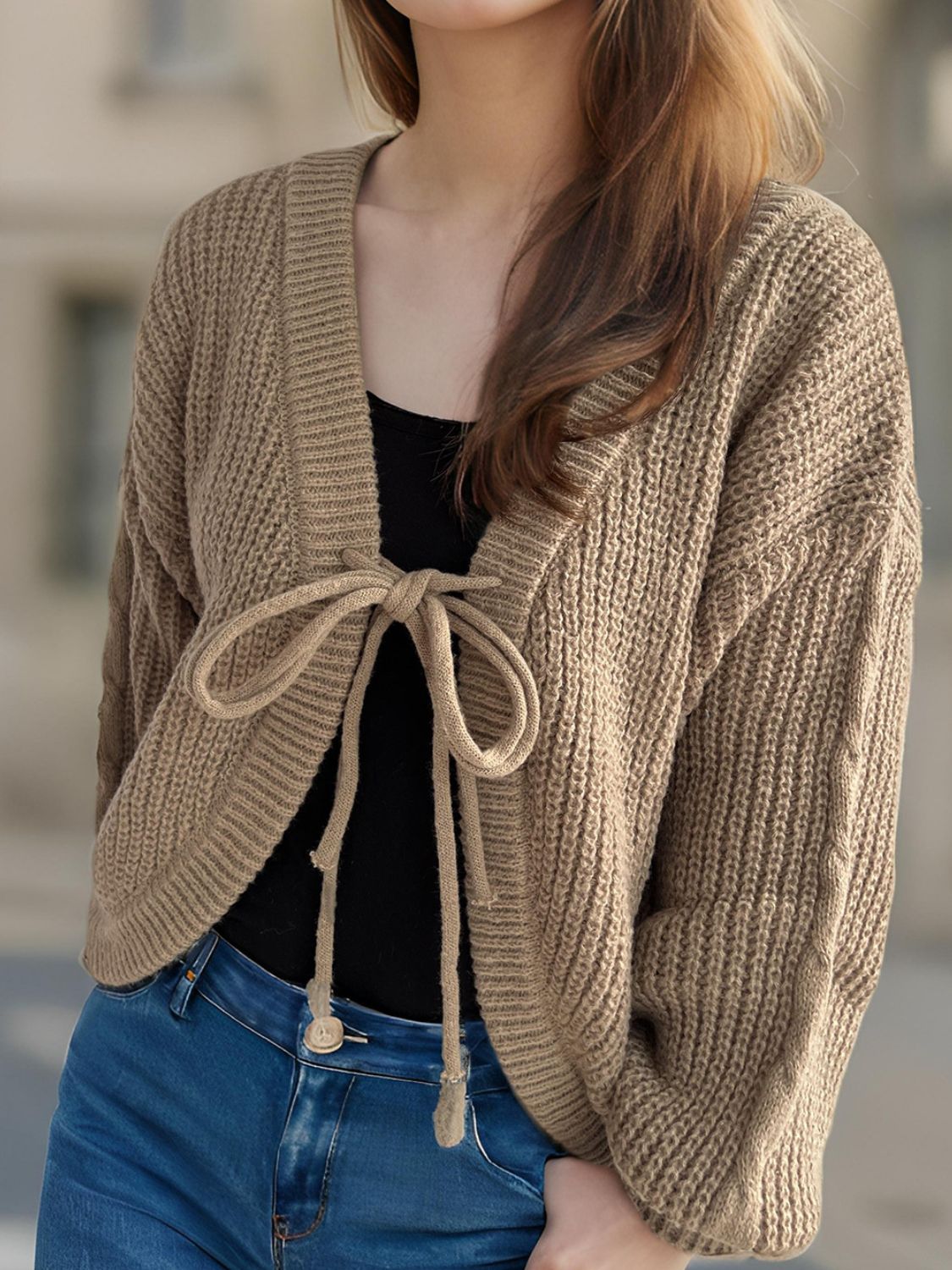 Tied Dropped Shoulder Long Sleeve Cardigan