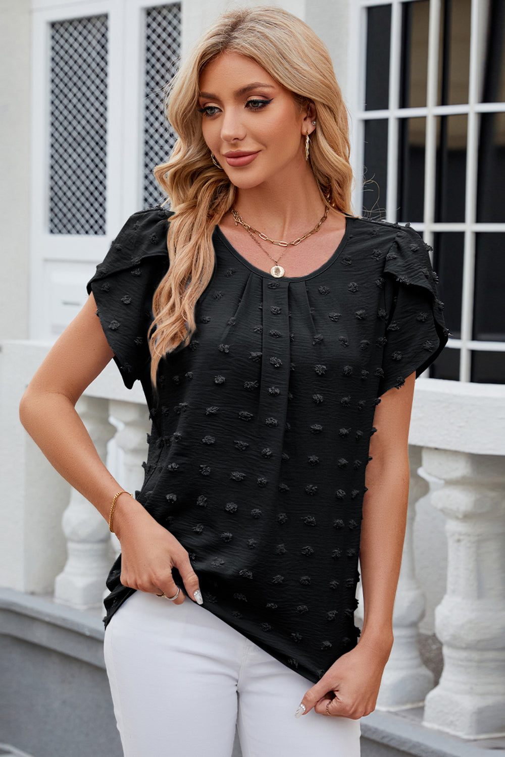 Swiss Dot Round Neck Petal Sleeve Blouse