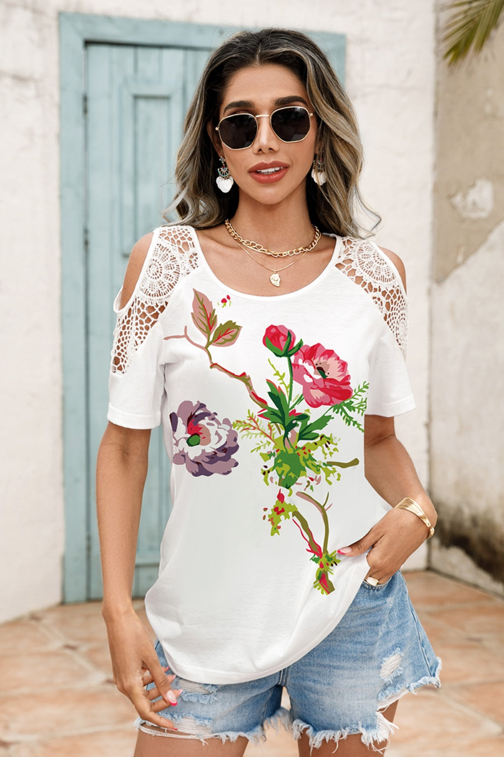 Lace Detail Round Neck Cold Shoulder Blouse