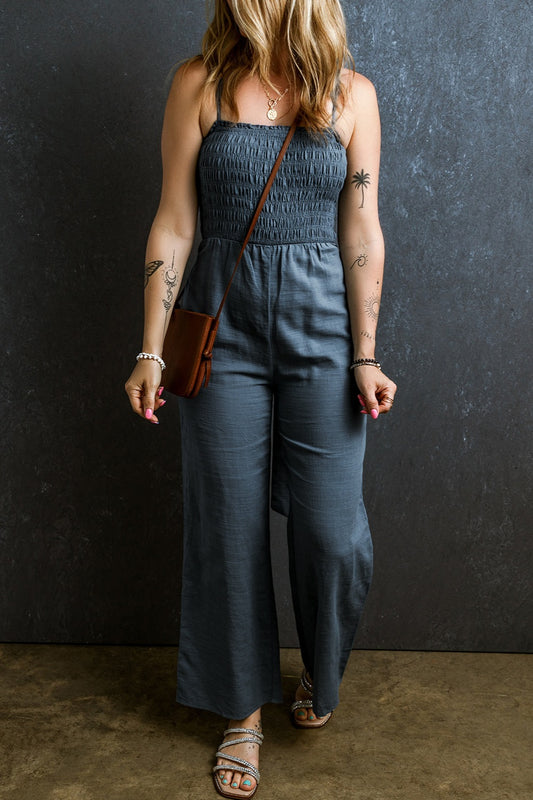 Tied Smocked Wide Leg Jumpsuit