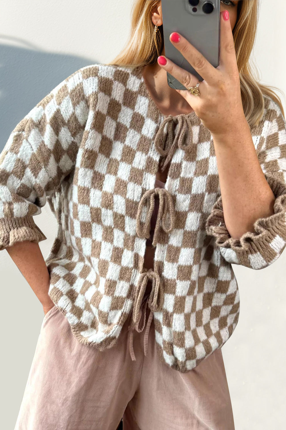 Double Take Tied Checkered Dropped Shoulder Flounce Sleeve Cardigan