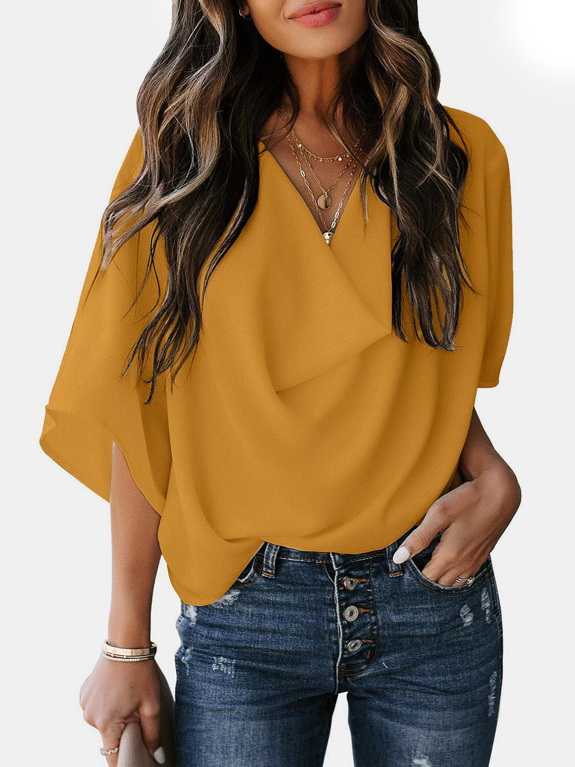 Full Size Cowl Neck Three-Quarter Sleeve Blouse