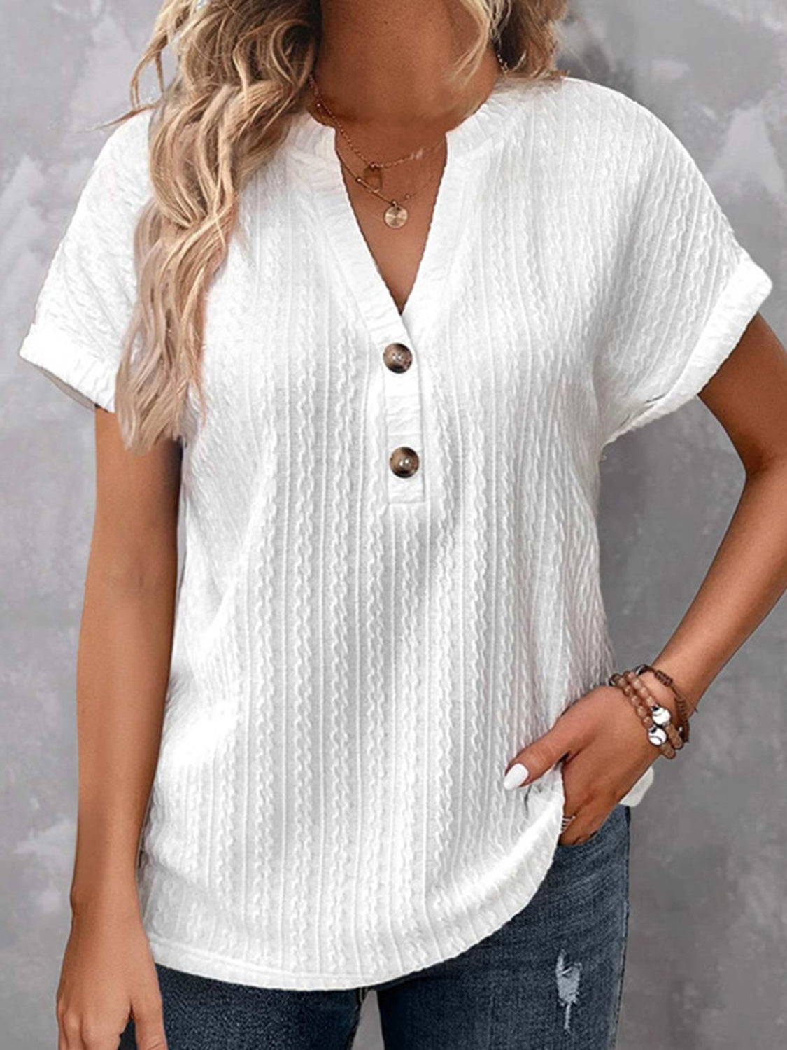 Textured Notched Short Sleeve Blouse