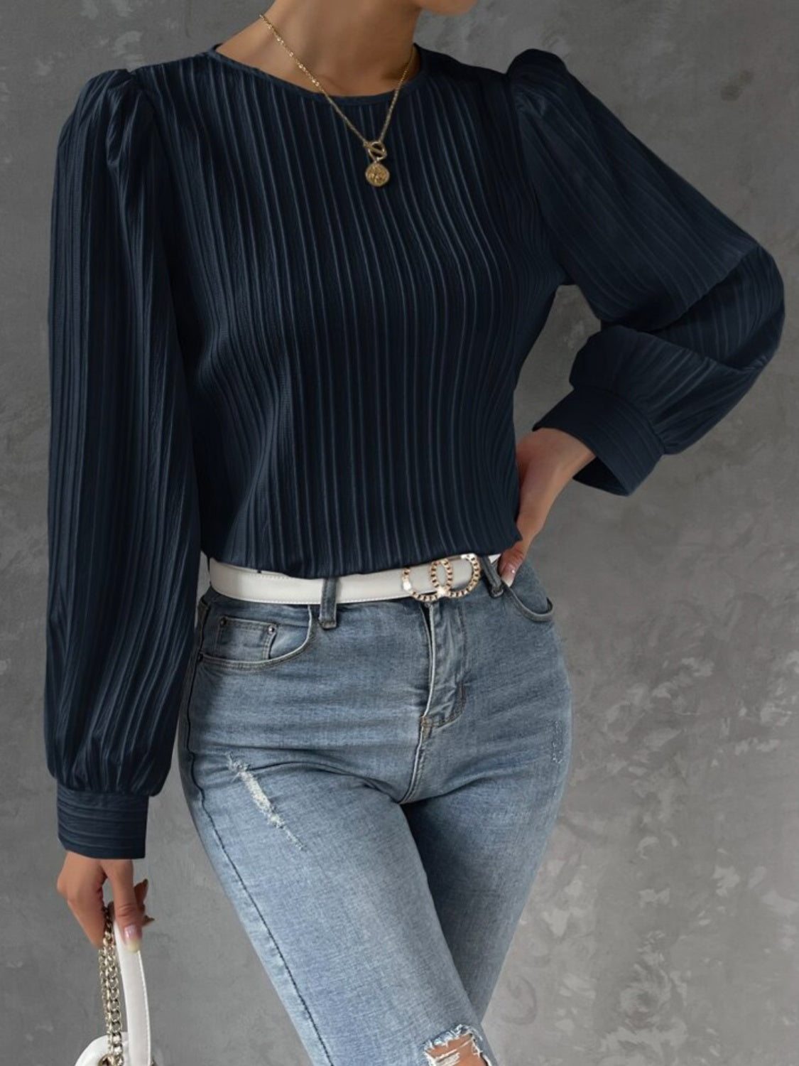 Textured Round Neck Long Sleeve Blouse