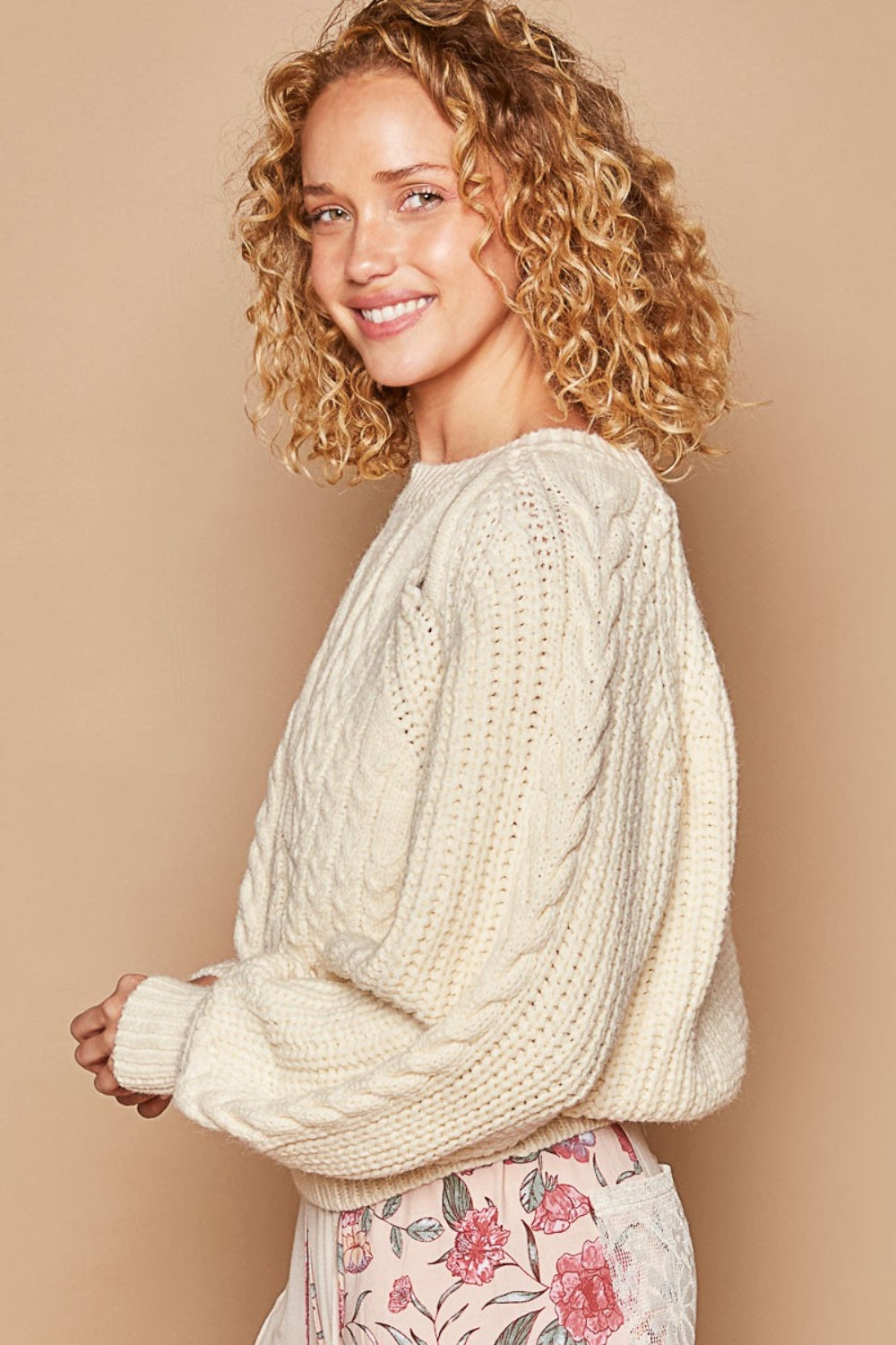 POL Cable Knit Cutout Long Sleeve Sweater