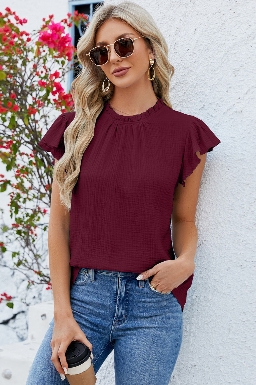 Ruffled Round Neck Cap Sleeve Blouse