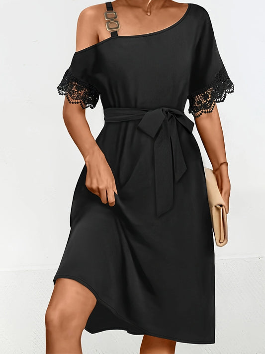 Lace Detail Asymmetrical Neck Short Sleeve Dress