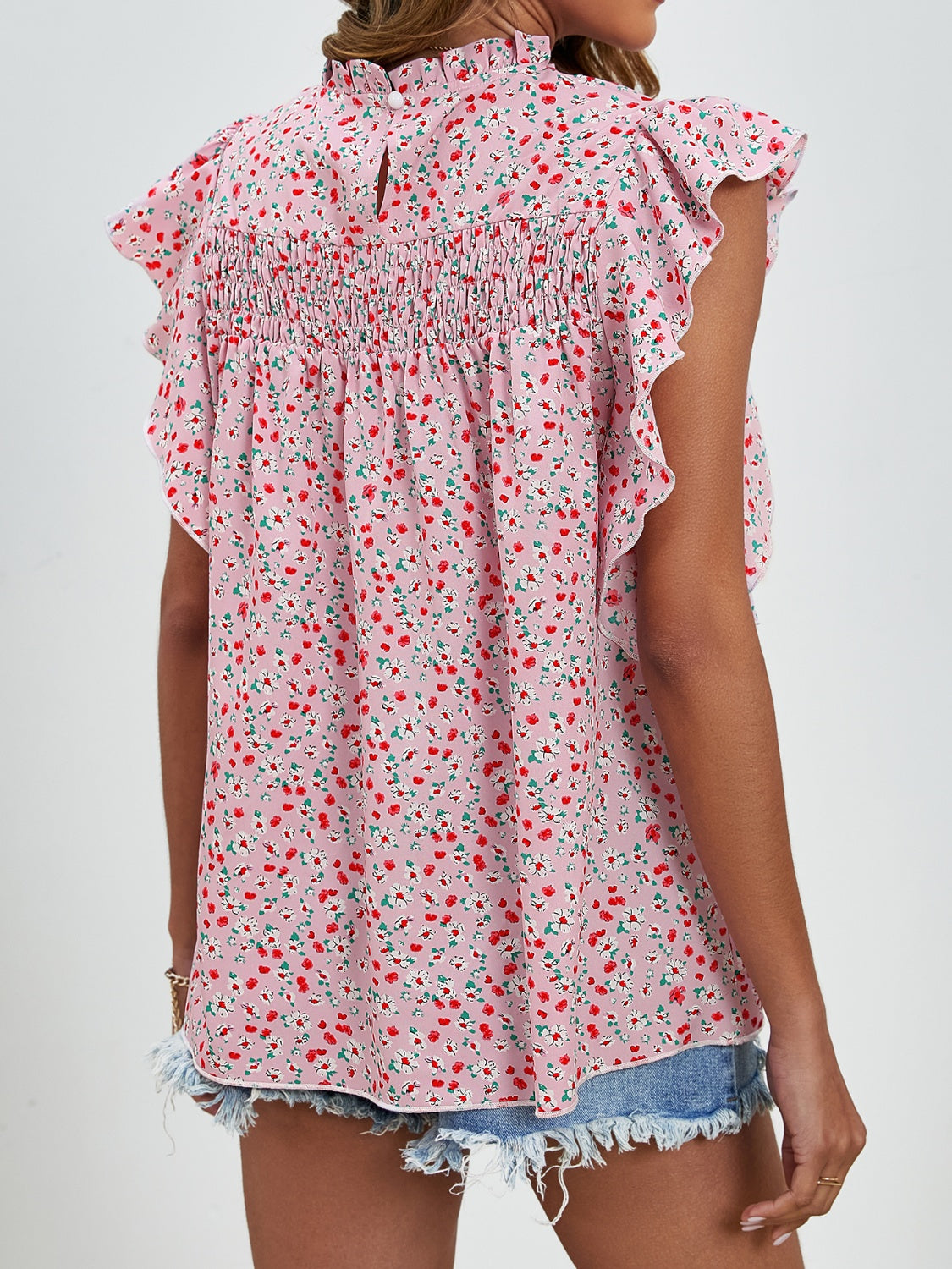 Ruffled Ditsy Floral Mock Neck Cap Sleeve Blouse