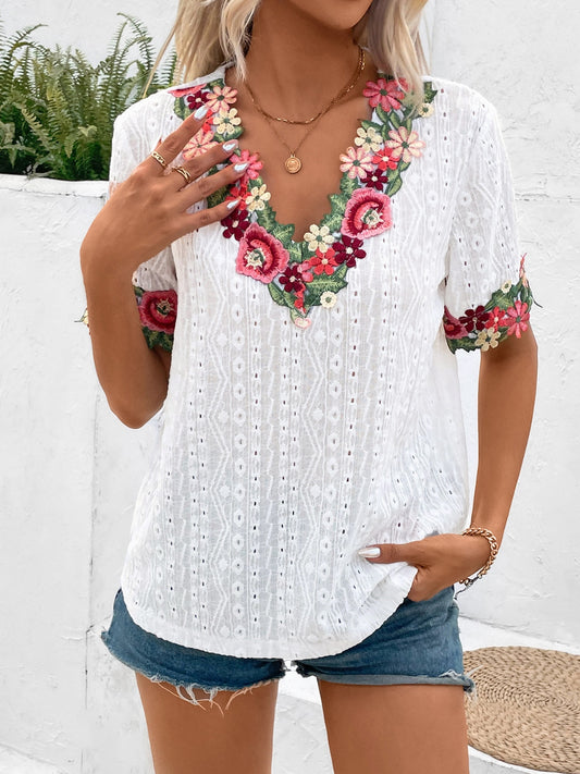 Eyelet Embroidered V-Neck Short Sleeve Blouse