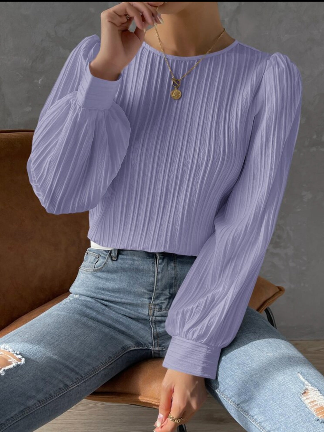 Textured Round Neck Long Sleeve Blouse