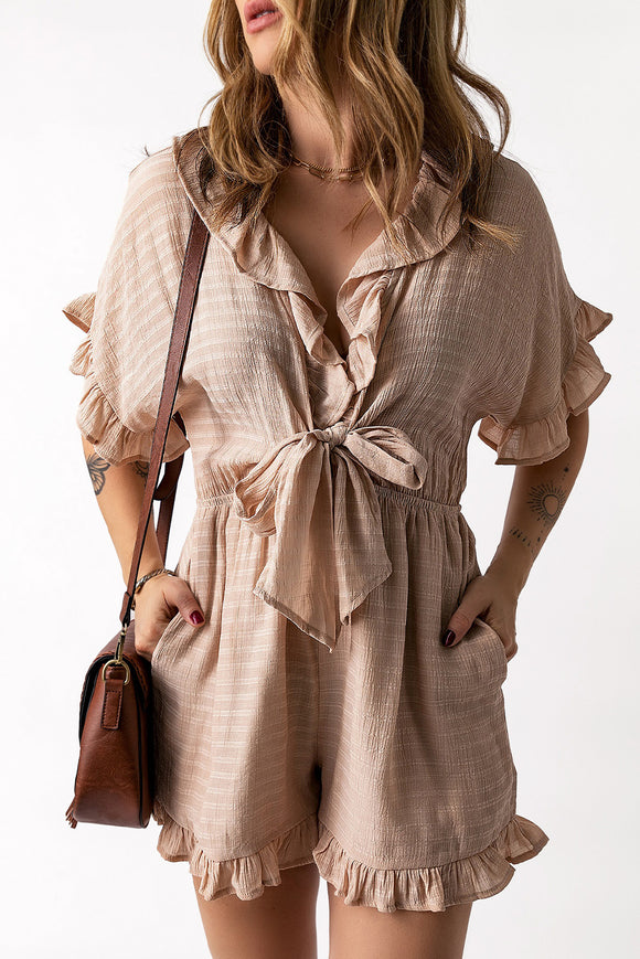 Striped Tie Detail Ruffled Romper with Pockets