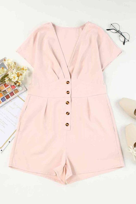 Buttoned V-Neck Short Sleeve Romper