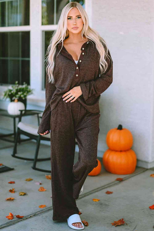 Buttoned Long Sleeve Top and Long Pants Lounge Set