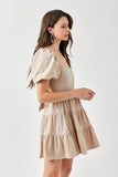 PUFF SLEEVE BACK DOUBLE TIE TIERED DRESS