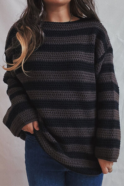 Striped Round Neck Dropped Shoulder Sweater