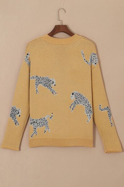 Animal Element Round Neck Dropped Shoulder Sweater