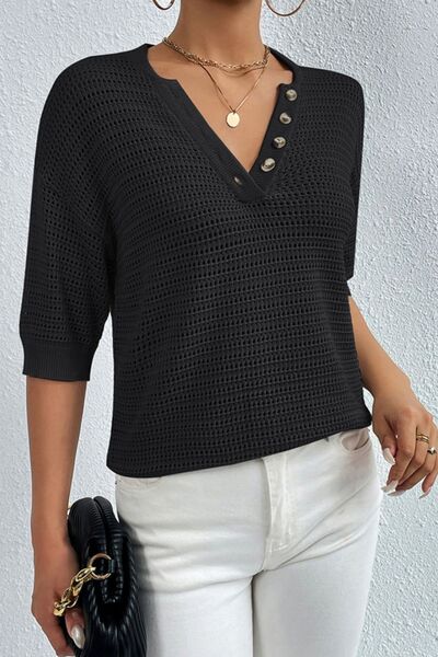 Openwork Half Button Dropped Shoulder Knit Top