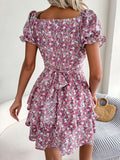 Floral Sweetheart Neck Flounce Sleeve Mini Dress