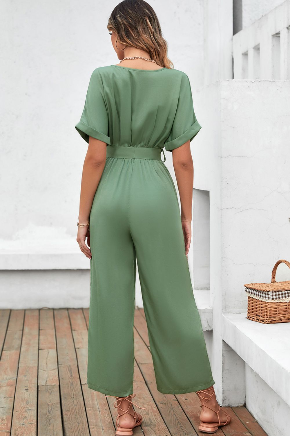 Tie-Waist Surplice Wide Leg Jumpsuit