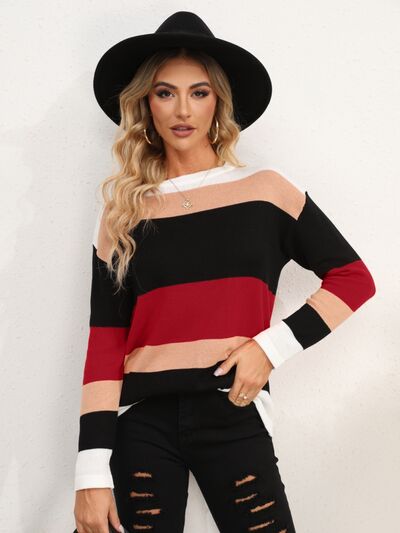 Striped Round Neck Dropped Shoulder Sweater