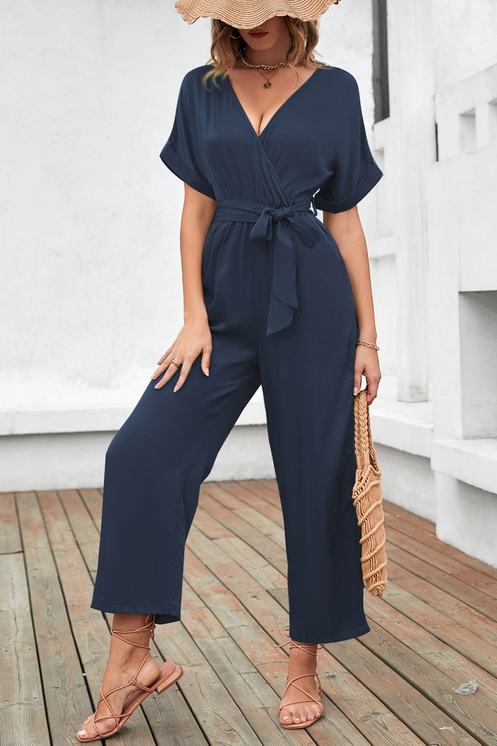 Tie-Waist Surplice Wide Leg Jumpsuit