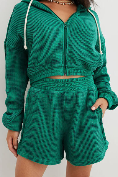 Waffle-Knit Zip Up Hoodie and Shorts Set