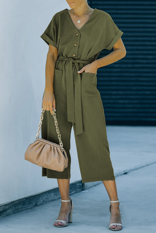 Tie-Waist Buttoned Cropped Jumpsuit