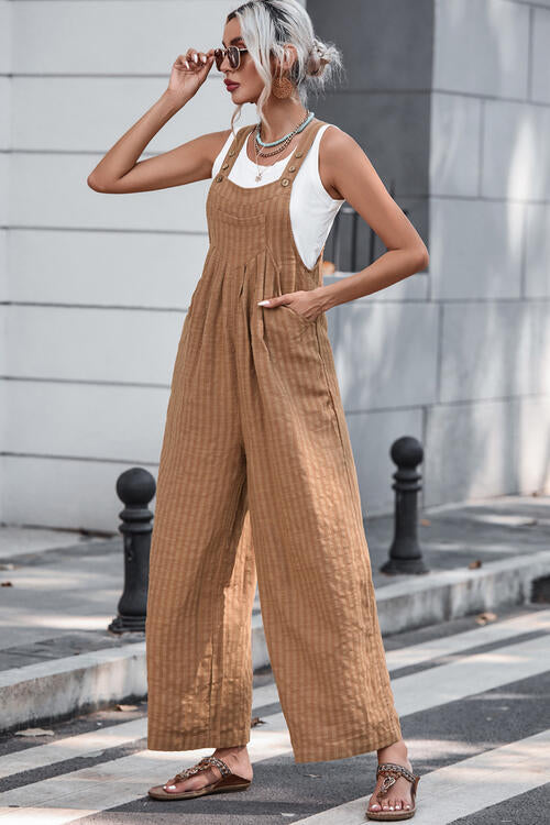 Texture Buttoned Wide Leg Overalls