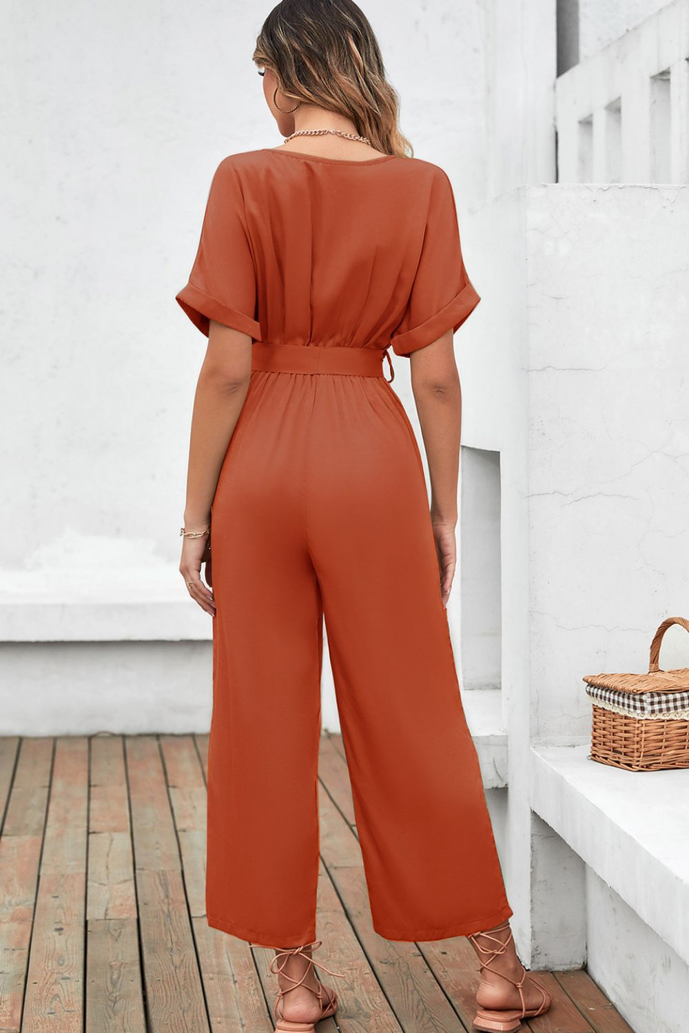 Tie-Waist Surplice Wide Leg Jumpsuit