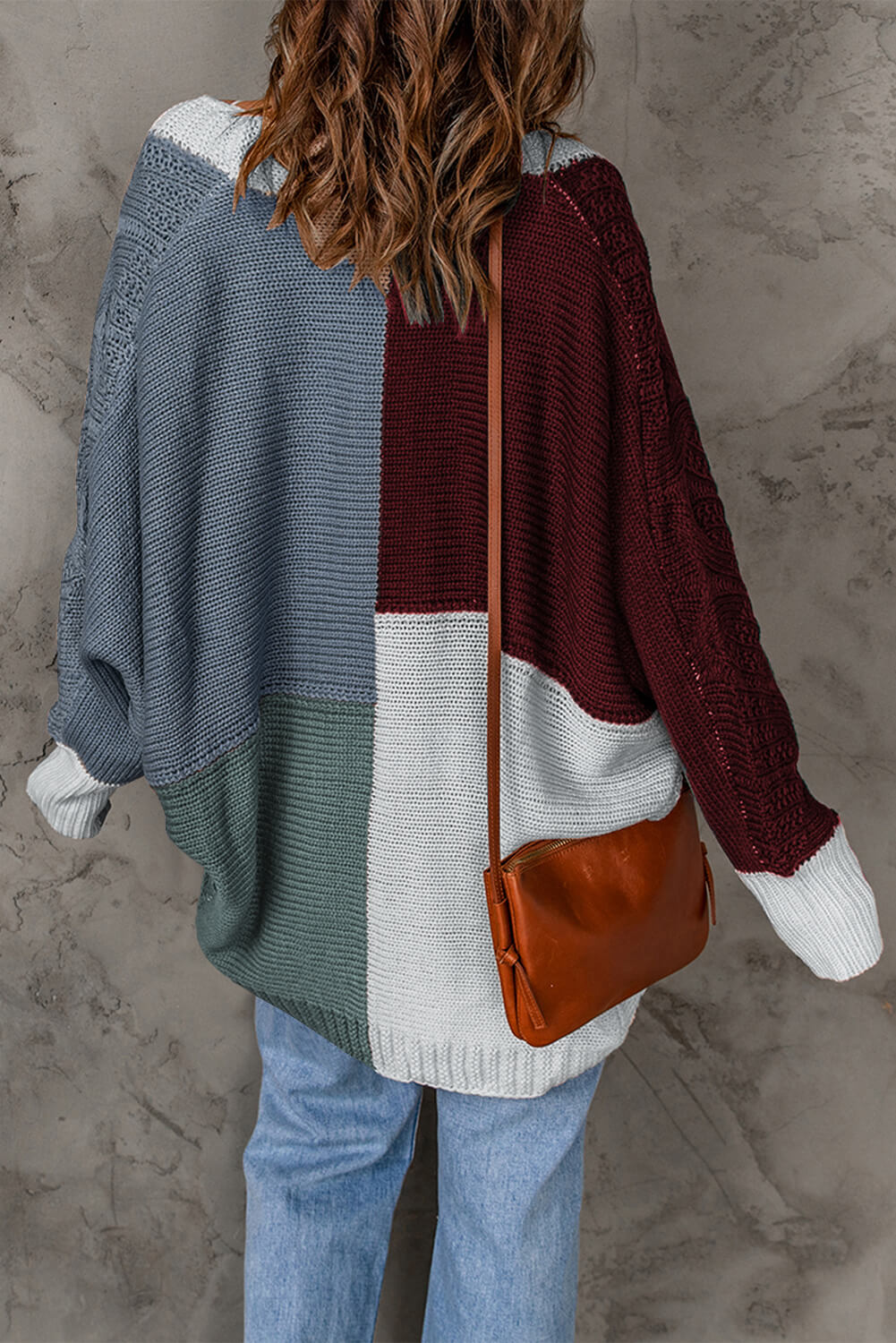 Color Block Cable-Knit Batwing Sleeve Cardigan