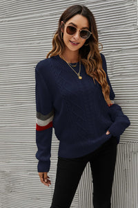 Feeling You Best Striped Cable-Knit Round Neck Sweater