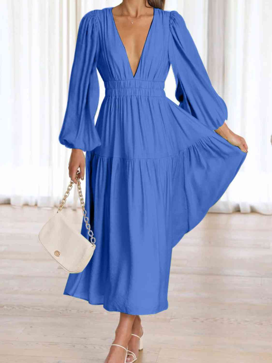 Long-Balloon-Sleeve V-Neck Fitted Dress, Regular