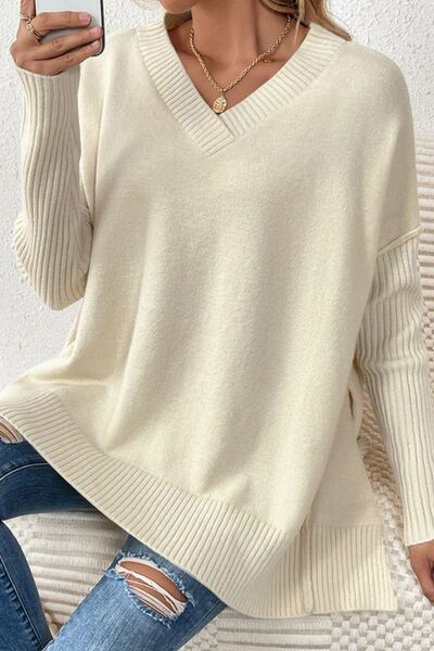 Slit V-Neck Dropped Shoulder Sweater