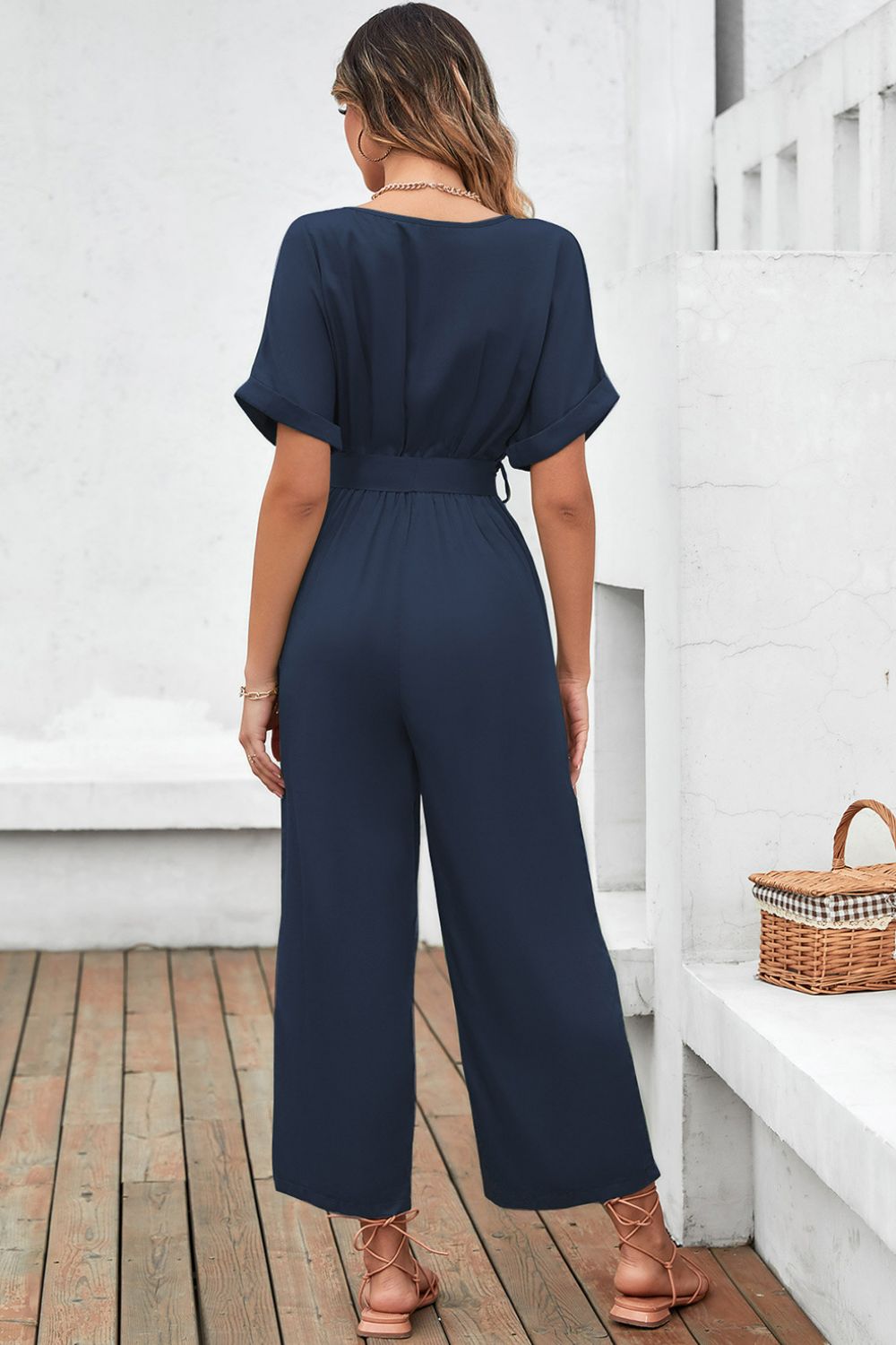 Tie-Waist Surplice Wide Leg Jumpsuit