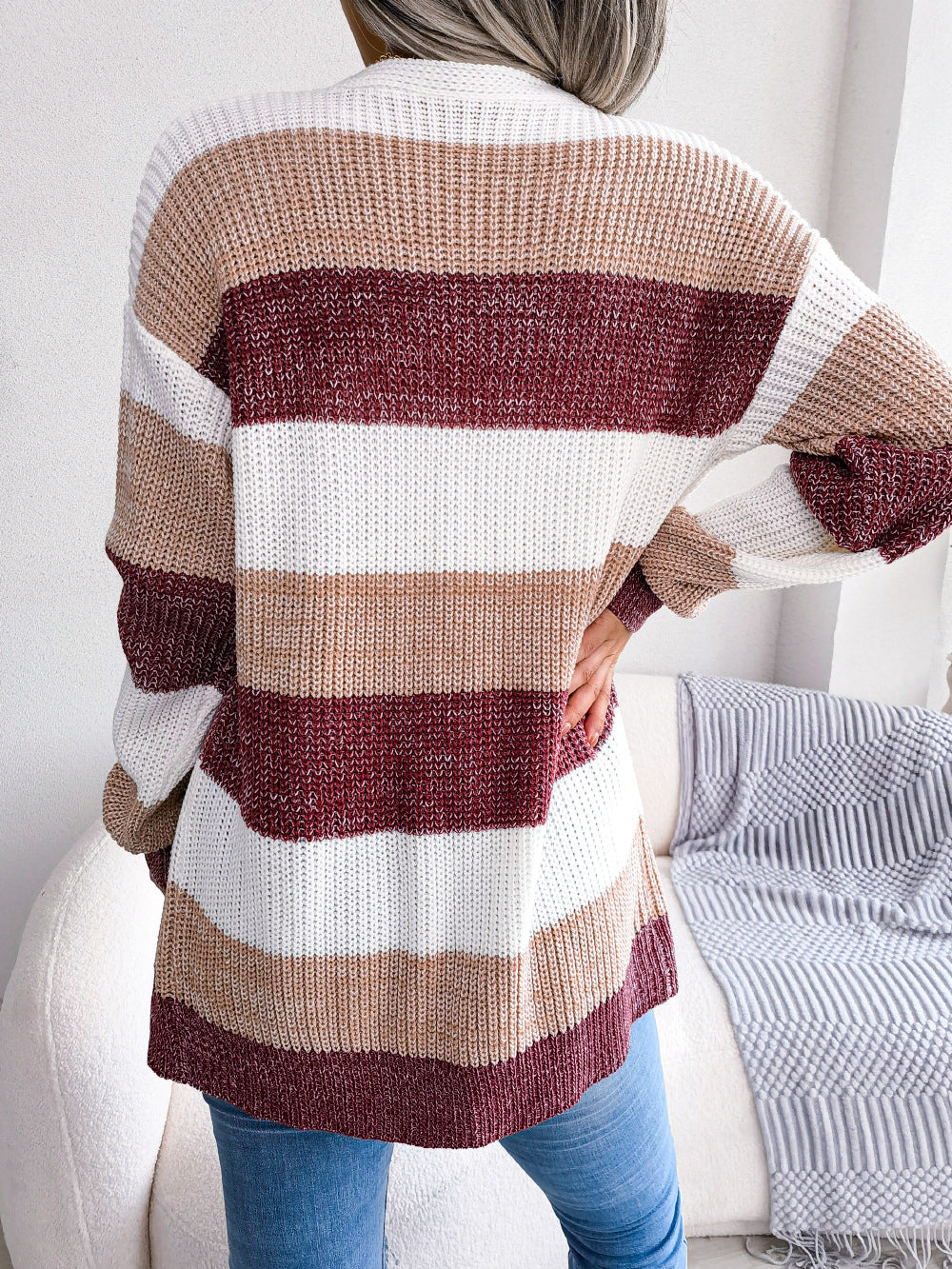 Striped Rib-Knit Open Front Longline Cardigan