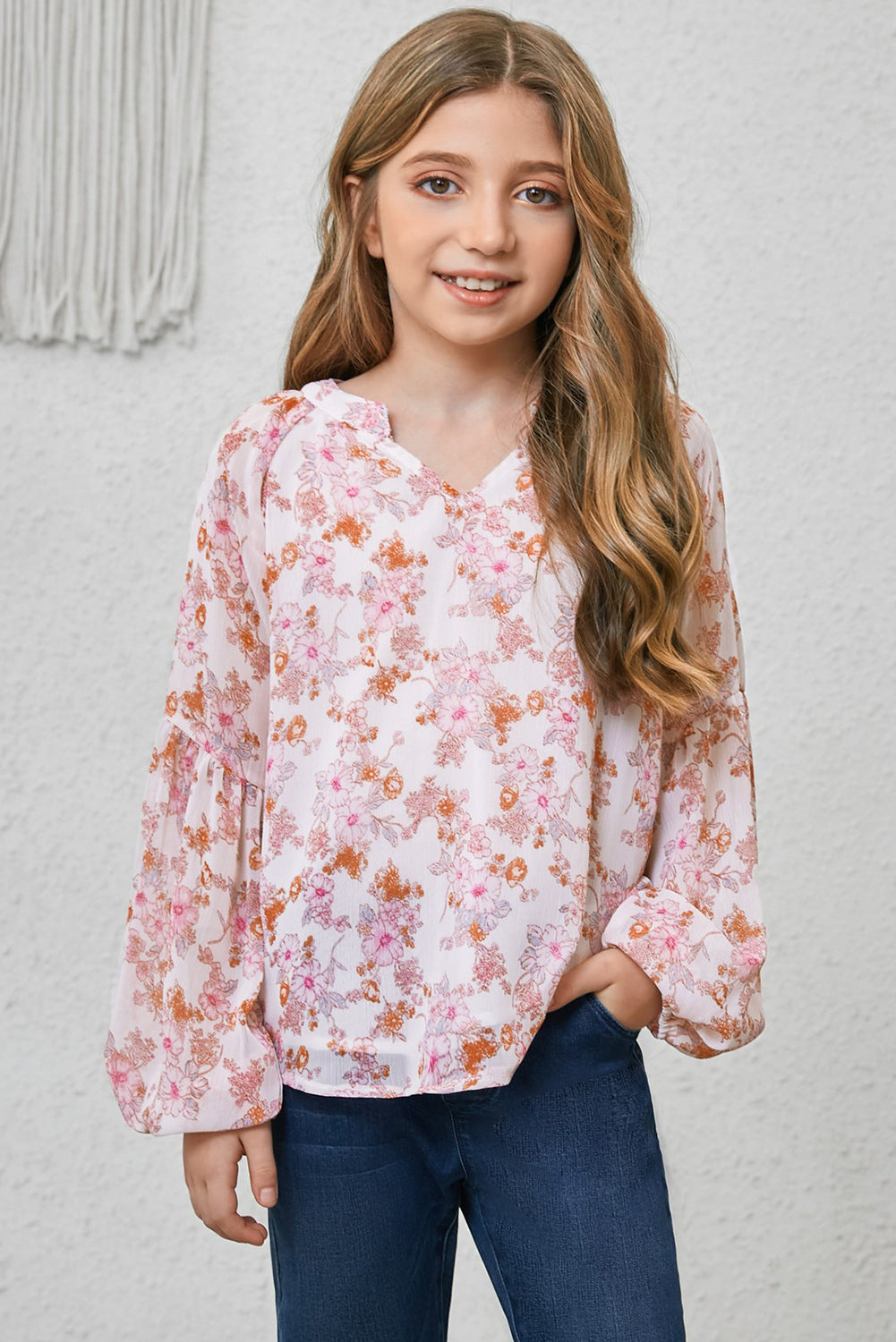 Girls Printed Notched Neck Puff Sleeve Blouse