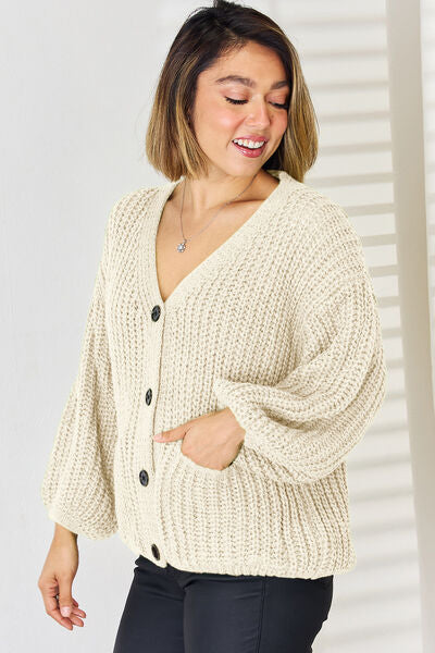 Pocketed Button Up Dropped Shoulder Cardigan