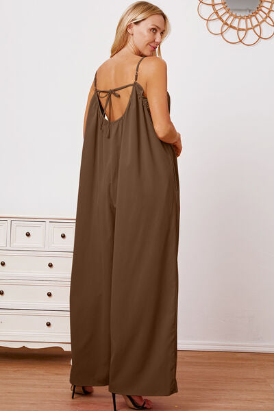 Full Size Ruffle Trim Tie Back Cami Jumpsuit with Pockets