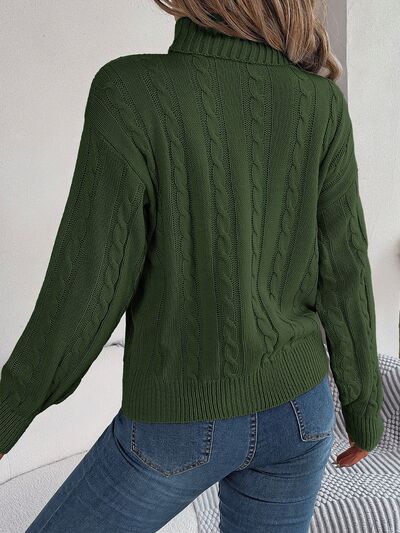 Cable-Knit Turtleneck Dropped Shoulder Sweater