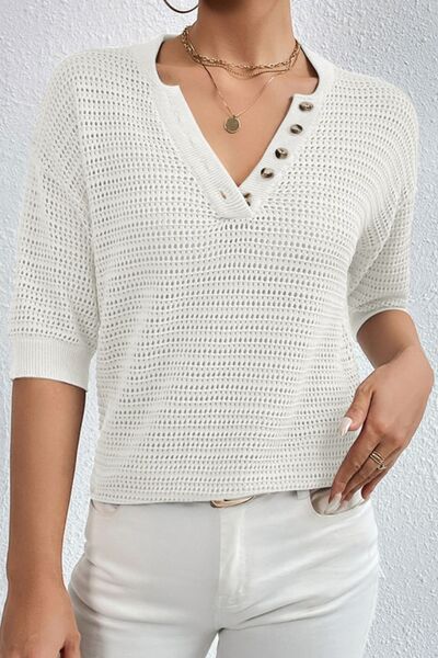 Openwork Half Button Dropped Shoulder Knit Top