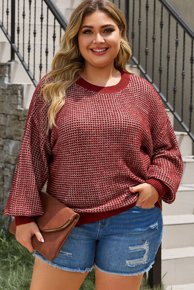 Plus Size Waffle-Knit Round Neck Dropped Shoulder Sweater